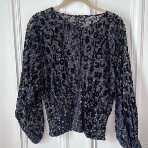 Women’s Zara Black Leopard Print Blouse Sheer & Velvet Detail Side Zip Slit S